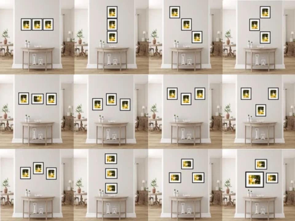 A triad of framed art pieces or balanced shelving arrangement
