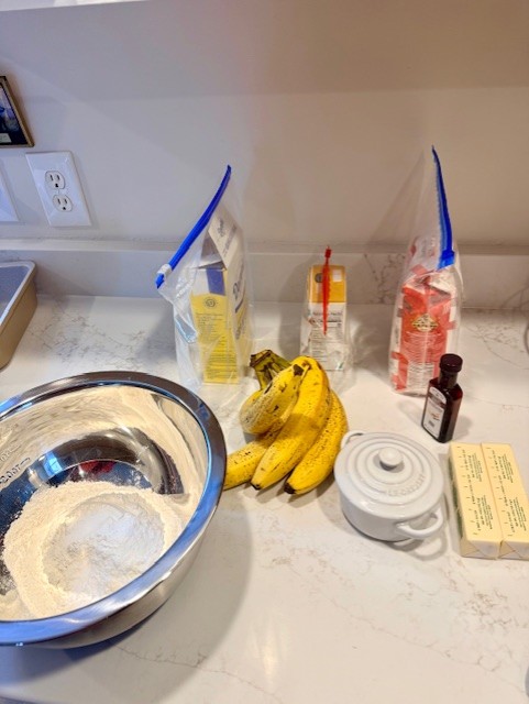 Banana bread batter preparation on the counter
