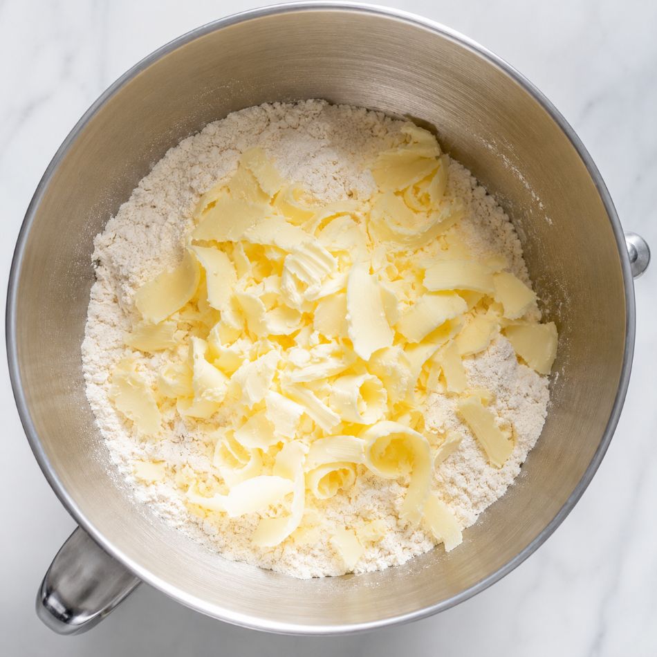 Flour and butter grated on top