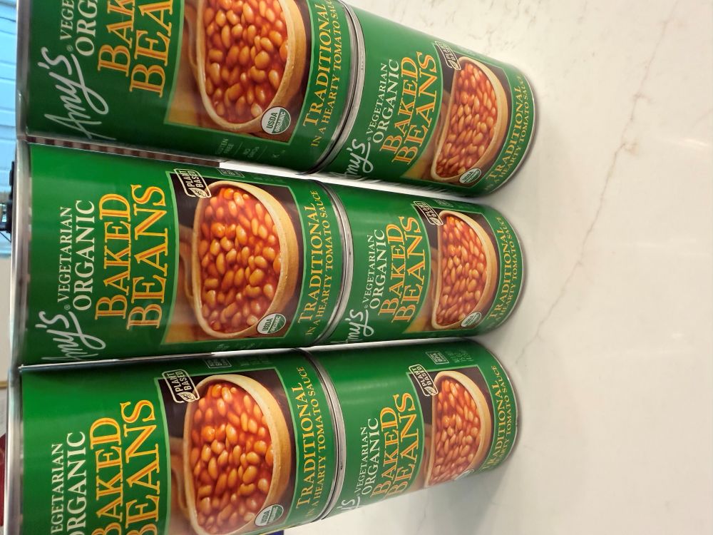 Cans of Amy's Organic Baked Beans