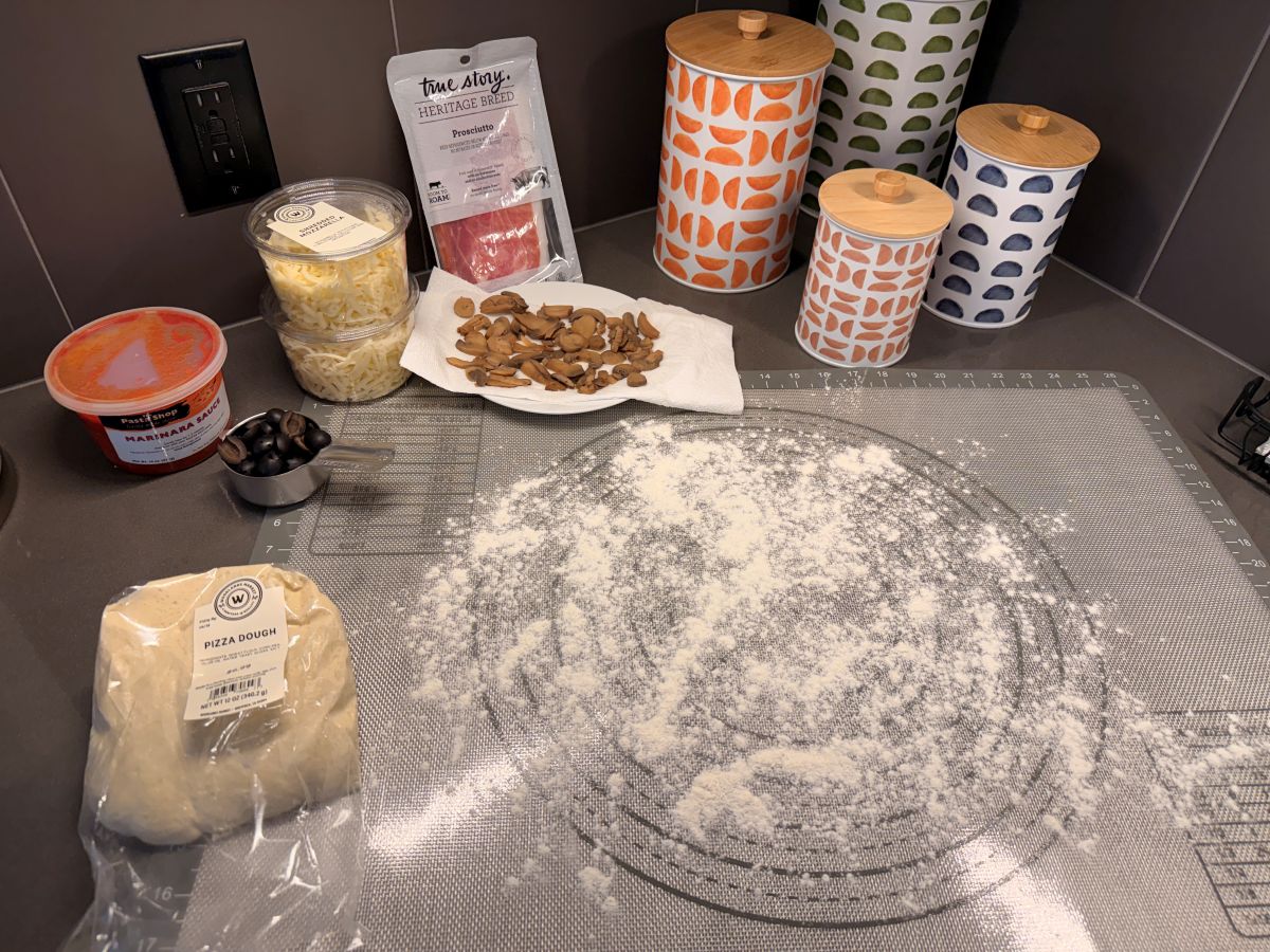 Mise en place: All fresh ingredients prepared and arranged before cooking